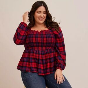 Torrid Red and Blue Smocked Peplum Blouse with 3/4 Sleeves
